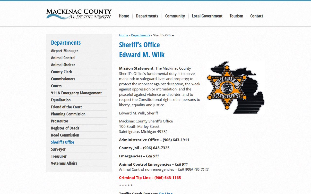 Mackinac County Sheriff's Office official page used for current jail contact