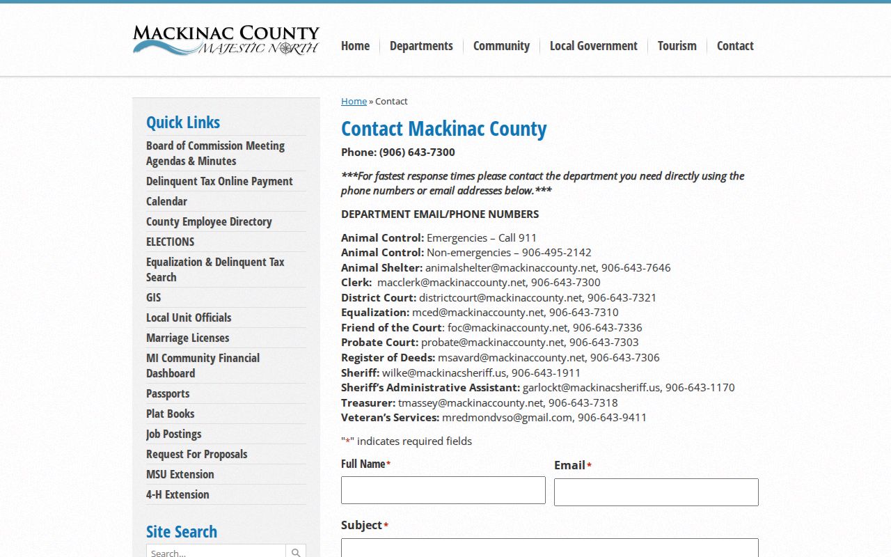 Mackinac County official contact page with sheriff contact information