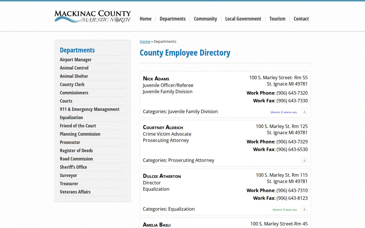 Mackinac County departments directory without a public jail roster search