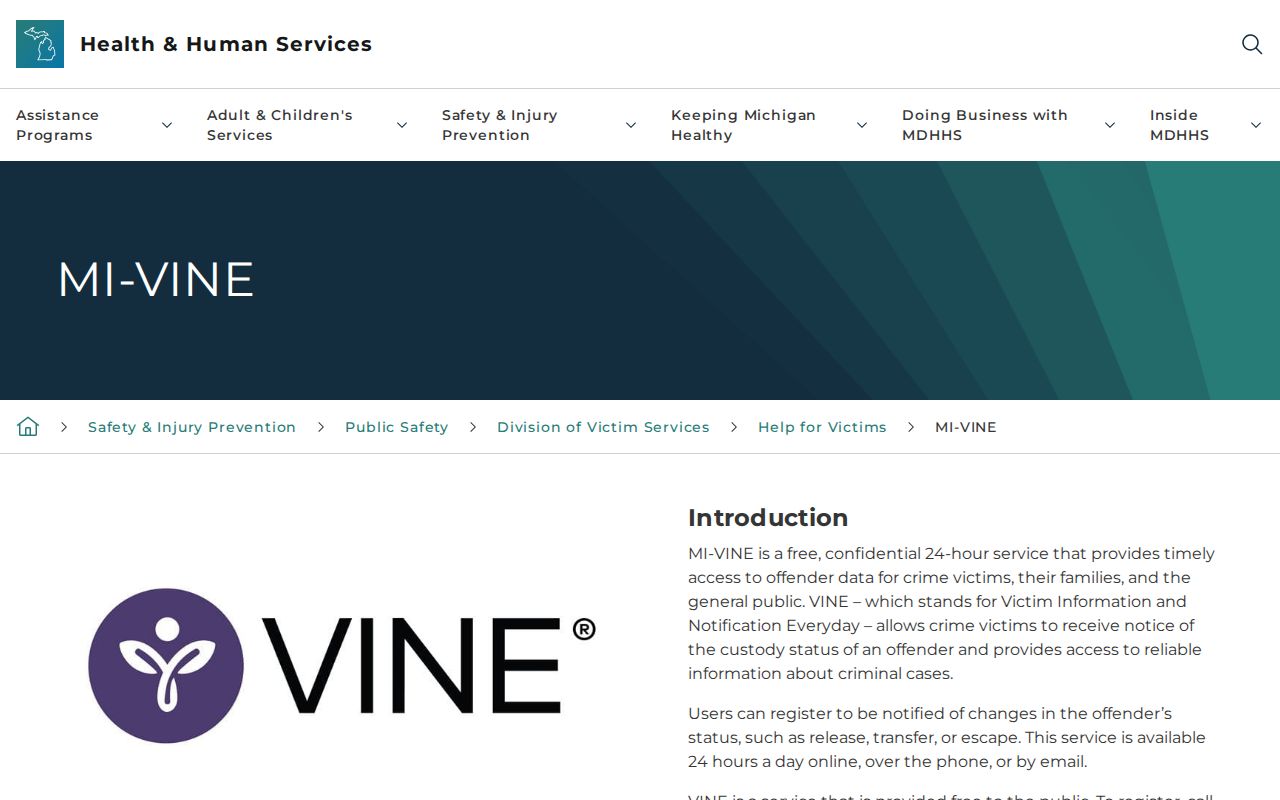 Michigan official MI-VINE custody and court notification information page
