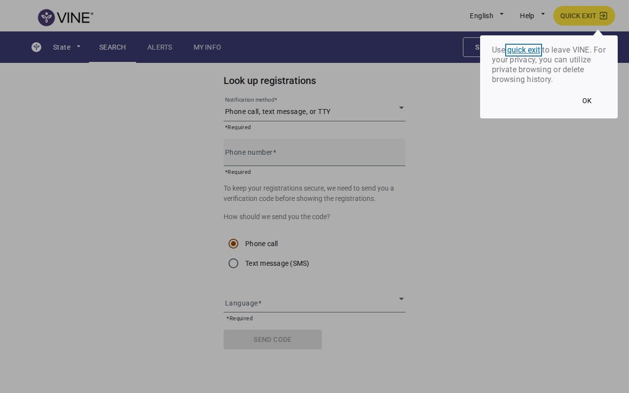 VINELink registration screen for release transfer escape and court alerts