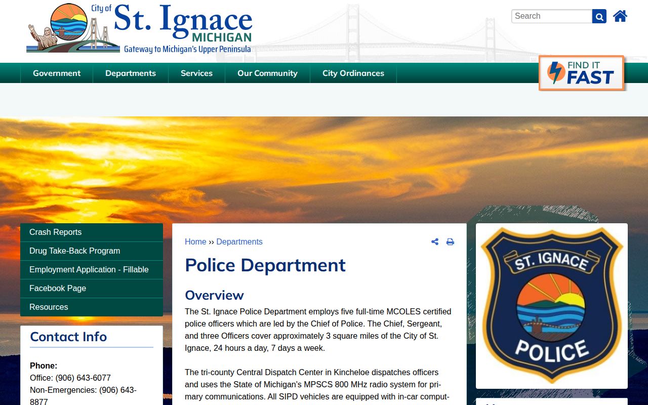 Official City of St. Ignace Police Department page with agency contact information