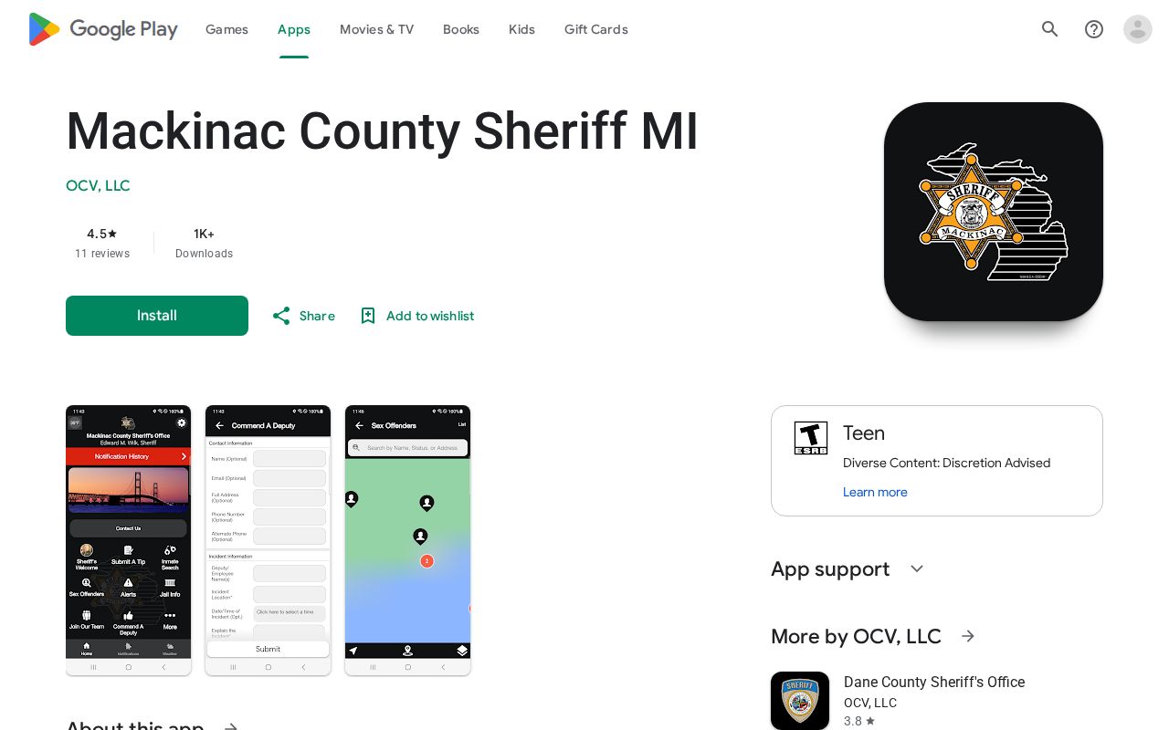 Google Play listing for the official Mackinac County Sheriff MI app